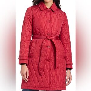 Kate Spade New York Long Garnet Red Belted Quilted Jacket Trench Coat::NWT::